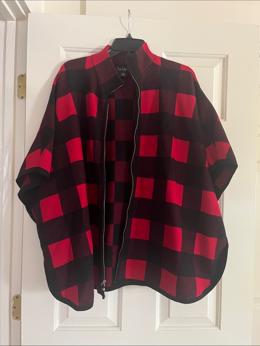 Nicole Miller Red and Black Buffalo Plaid Zip-Up Cape